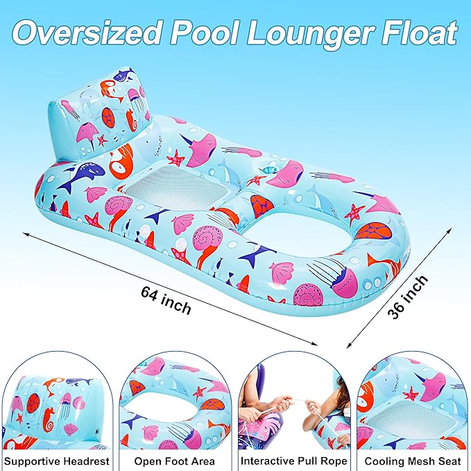 PuppyuWill 2 Pack Pool Floats Adult,Inflatable Pool Lounger Float Heavy Duty with Cup Holder, Backrest & Footrest Pool Lounge Float Extra Large Pool Rafts for Adults Beach Lake Party