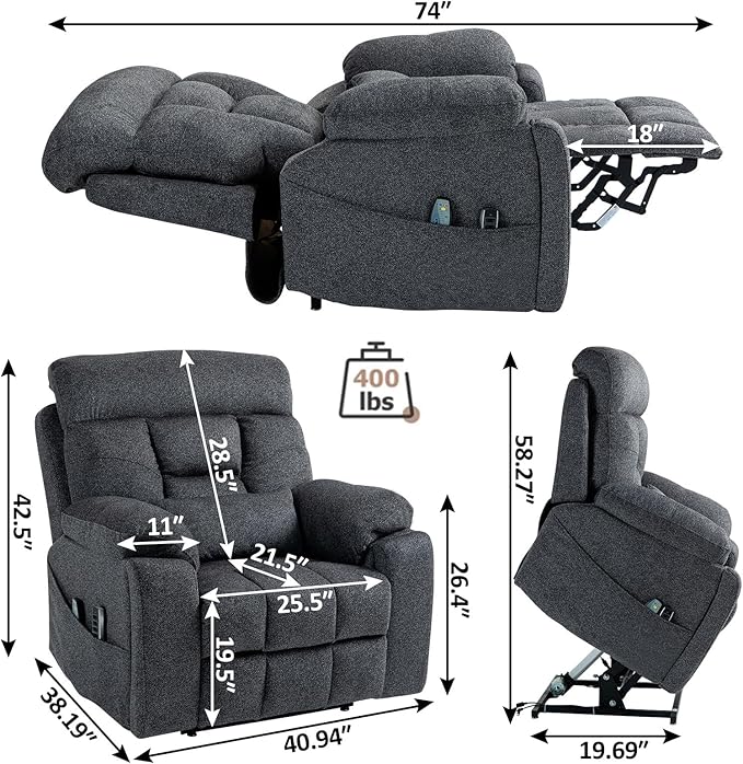 Lay Flat Power Lift Recliner Chair, | 400lbs | 25.5in Extra Wide | 4-Motor | Heat, Massage, Hidden Cup Holder, Sleeping | Big Man, Elderly (Light Grey)