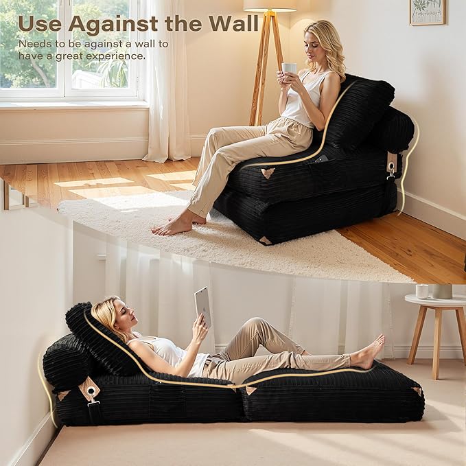 75''Foldable Sofa Bed,Black Convertible Folding Sleeper Chair Bed,Foldable Single Sofa Foam Filling Couch with Pillow, Comfy Corduroy Lazy Floor Sofa for Small Room Living Room Bedroom Apartment