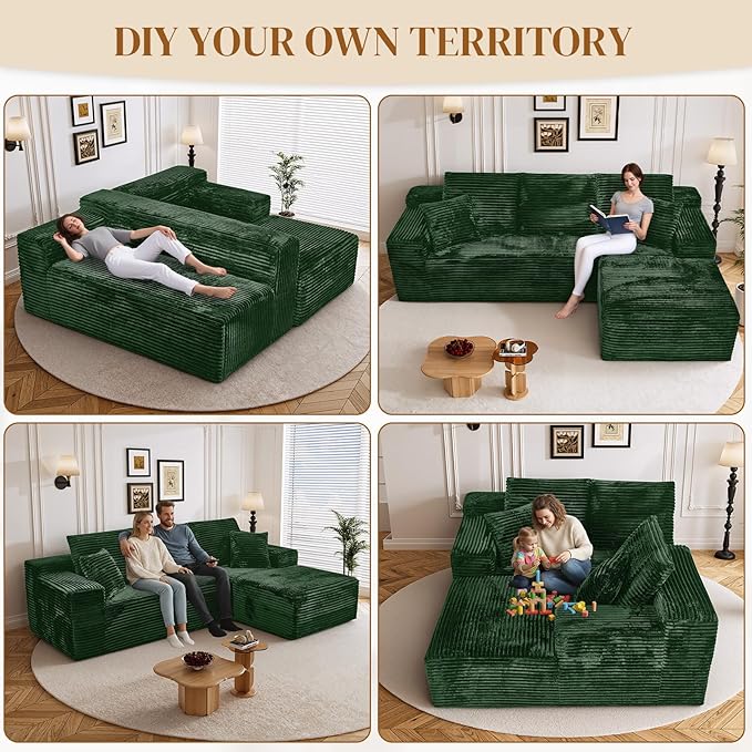108" Boneless Cloud Sectional Couches for Living Room, Fluffy Comfy Soft L Shaped Memory Deep Seat Foam Boneless Couch, Modular Sectional Sofas with Right Facing Chaise, Green