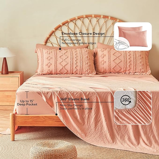 MR&HM California King Comforter Set Coral Pink, 7 Pieces Tufted Boho Beddding Sets, Farmhouse Style Bed in a Bag with 1 Comforter, 2 Pillow Shams, 2 Pillowcases, 1 Flat Sheet, 1 Fitted Sheet