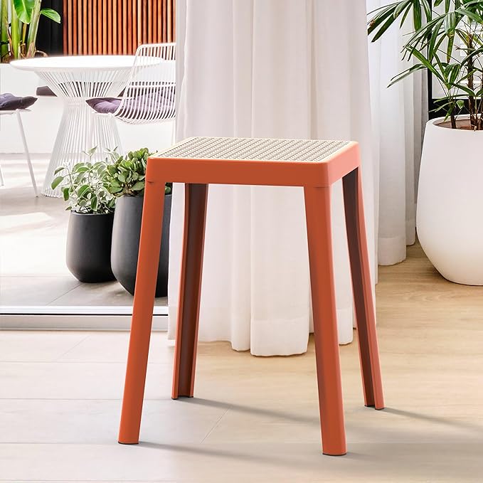 LeisureMod Stackable Square Plastic Dining Stool - Mid-Century Modern Backless Accent Stool with Wicker Top for Kitchen & Dining Room, Orange