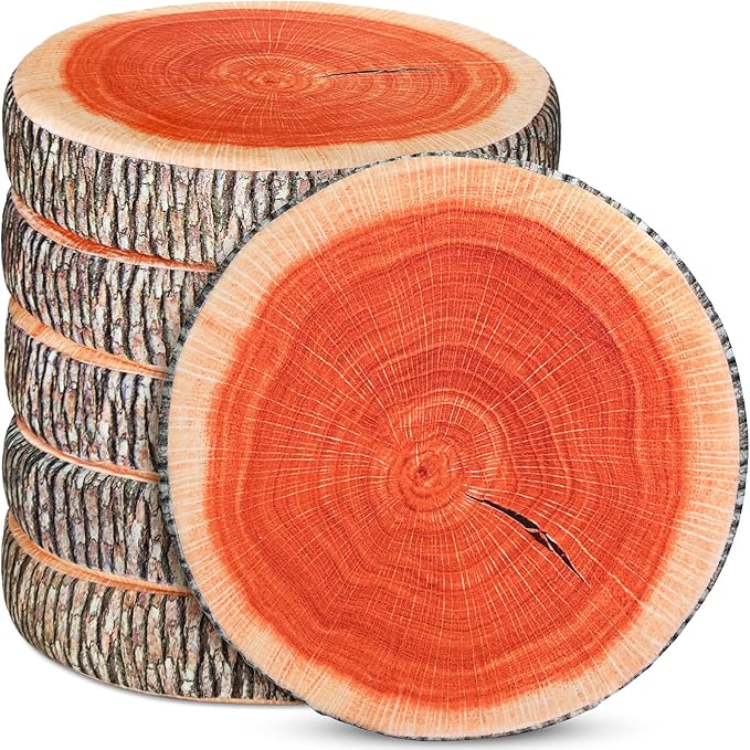 Unittype 6 Pcs Round Throw Pillow Wood Slice Chair Pillow Decorative Sofa Tree Stump Floor Cushion Natural Wood Cushion 3D Digital Printing Forest Decor for Bedroom Living Room(Stylish)