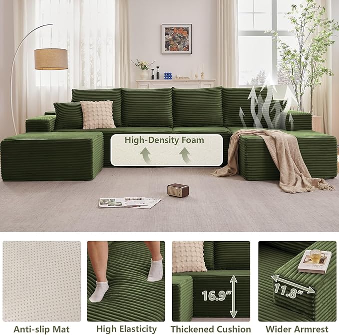 Lakifun 135" U-Shape Cloud Couch, Modern Modular Sectional Comfy L-Shape Sofa with Ottoman, Deep Seat, Upholstered Corduroy Sleeper Chaise Longue for Living Room Bedroom, No Assembly Required, Green