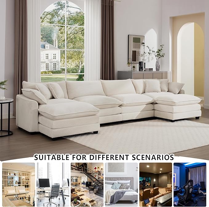 Aoowow Corduroy 4 Seater Couch with Ottomans,Modern Large Cloud Couches for Living Room,U Shaped Modular Sectional Cloud Sofas Deep Seat,U Shape Oversized Tufted Sofa Set (Beige, 4 Seater + 2 Ottoman)