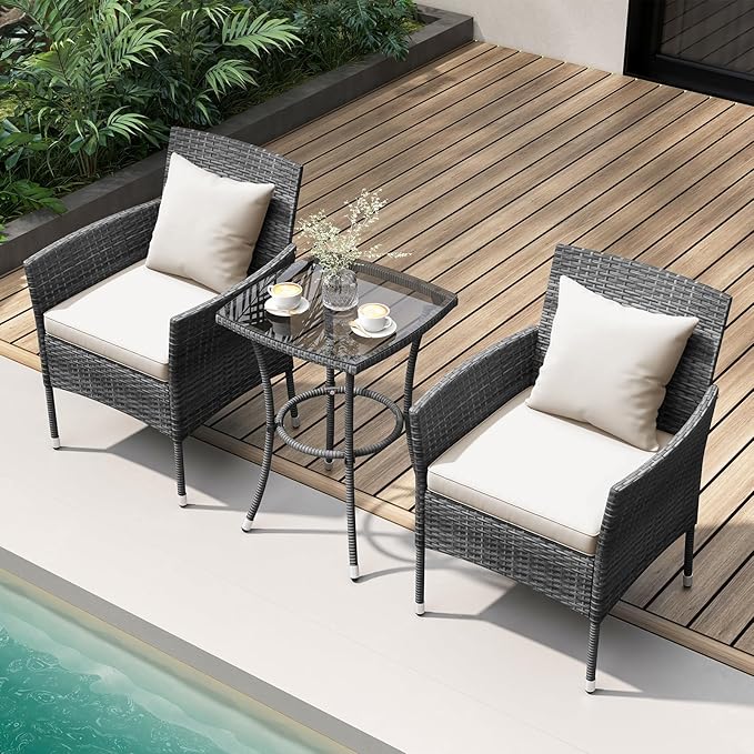 Tangkula 3-Piece Patio Furniture Set, PE Wicker Conversation Bistro Set w/A Tempered Glass Table & 2 Cushioned Chairs, Outdoor Table & Chairs Set for Patio Porch Yard Garden (Mix Gray+Off White)