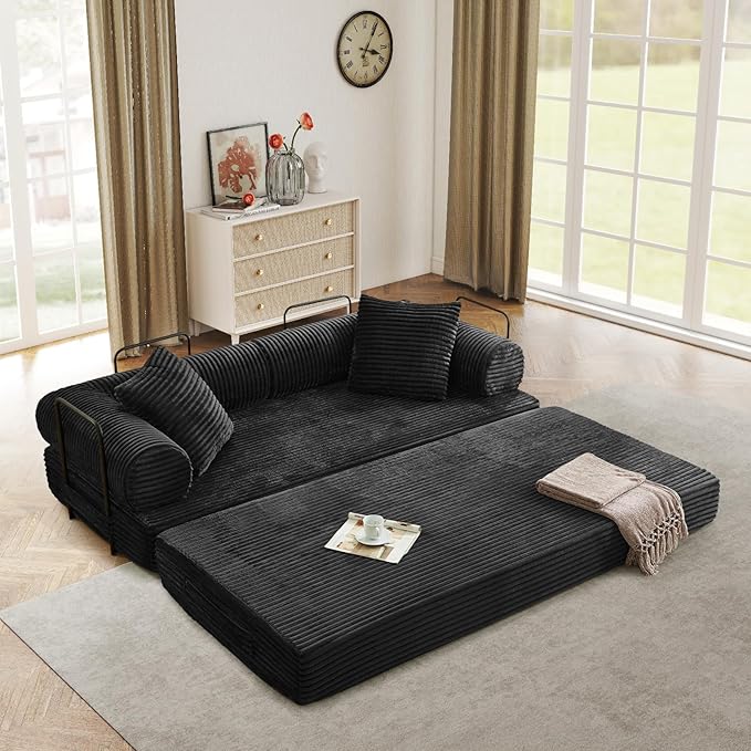 Modular Couch Bed, Convertible Folding Plush Corduroy Comfy Floor Memory Foam Compression Loveseat Sleeper Sofa Couch, King Size Bed for Guest Room Living Room Bedroom, No Assembly Required, Black