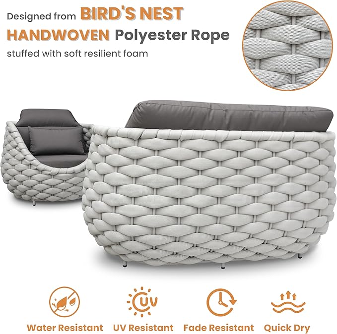Erotr Aluminum Patio Furniture Set: 4 Pieces Woven Rope Outdoor Conversation Sofa Set Assembled - Modern Cushioned Armchair Couch Set for 660lbs Porch Deck Backyard Poolside Garden Drawing Room Hotel