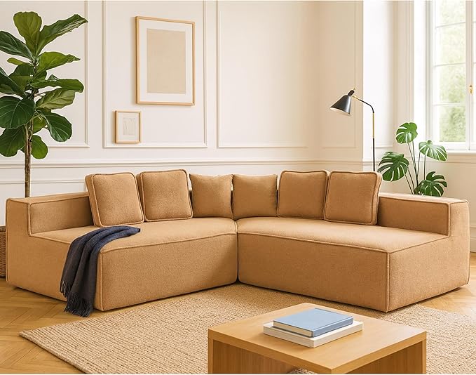 KEIKI 132" Extra Wide Teddy Modular Sectional Sofa All Foam Cushion Deep Support Cozy Theater Room Couch for Streaming Gaming Media Room Family Entertainment Comfortable Seating