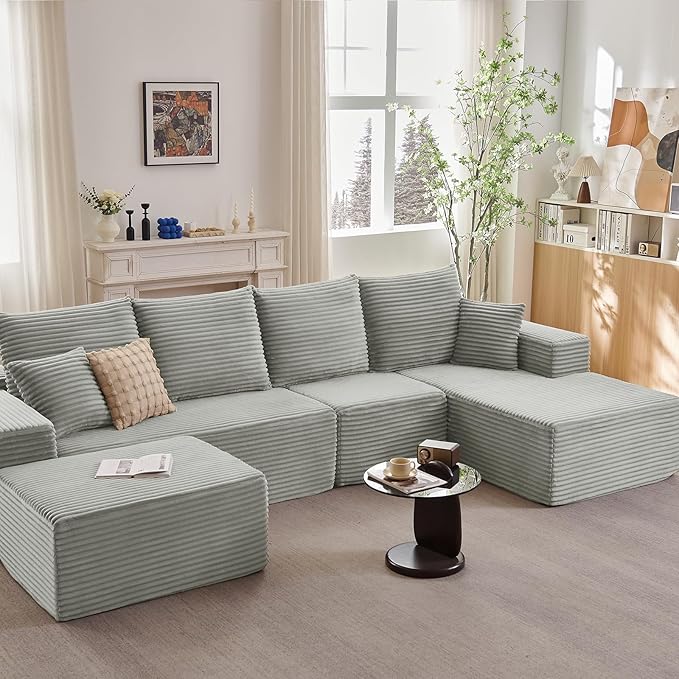 135.4" Cloud Sectional Couch with Ottoman,Modern U-Shaped Cloud Couch with Deep Seat,Comfy Corduroy 4-Seater Sofa,Memory Foam Sofa for Living Room,No Assembly (Gray,Right-Facing Chaise)
