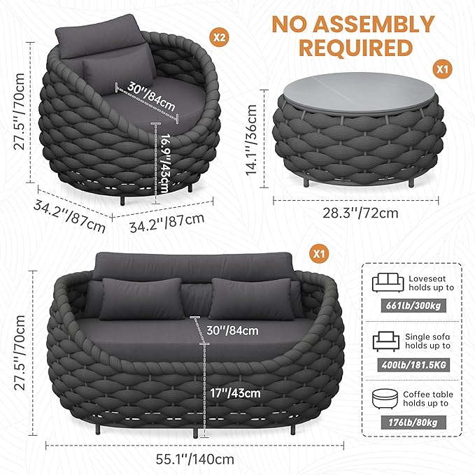 Erotr Aluminum Patio Furniture Set of 4: Woven Rope Outdoor Conversation Sofa Set Assembled - Modern Cushioned Armchair Couch Set for 660lbs Porch Deck Backyard Poolside Drawing Room Hotel, Dark Gray