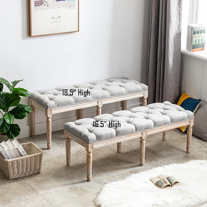 DM Furniture Farmhouse Dining Bench 48" Long Vintage Tufted Bench with Wood Legs Upholstered Entryway Bench Fabric End of Bed Bench for Bedroom Living Room Hallway, Grey
