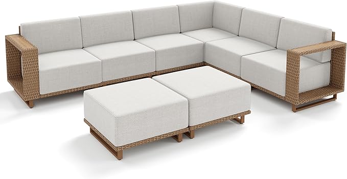 MIXPATIO 8 Pieces Outdoor Patio Furniture Set, Wicker Rattan Modular Sofa Couch, Sectional Patio Conversation Set with 10" Extra Thick Cushions for Deck Backyard Lawn