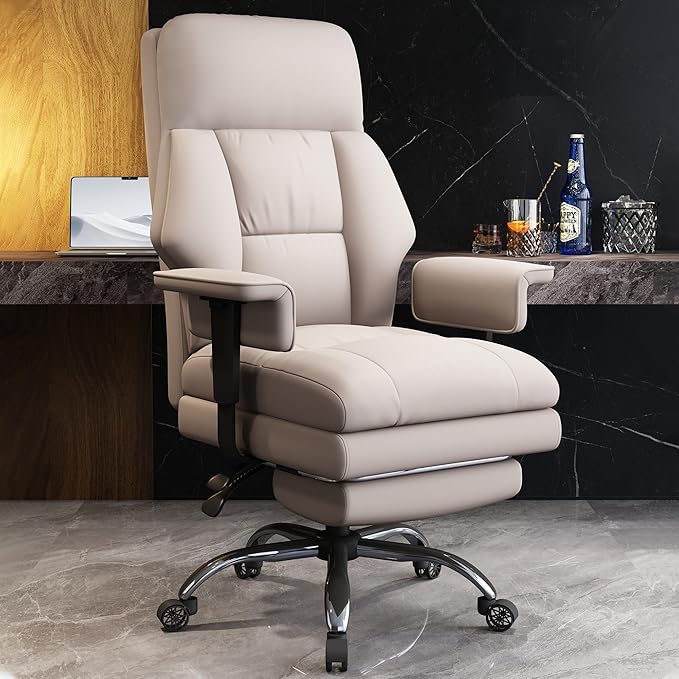 WXJHL Office Chair with Leg Rest, Leather High Back Executive Office Chair with Wheels, Ergonomic Desk Chairs with Lumbar Support for Home Office, Beige