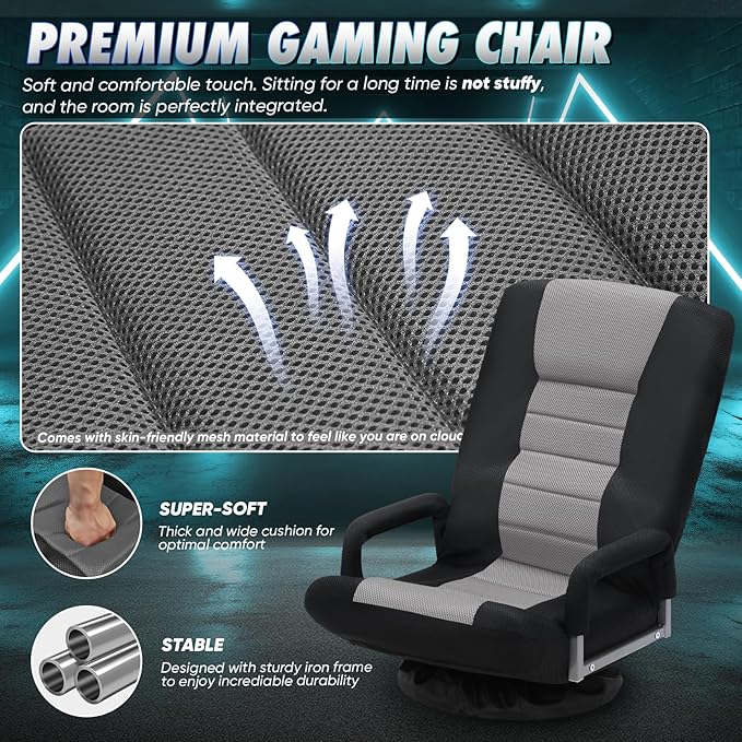 Swivel Gaming Chair 360 Degree Multipurpose 2PACK Floor Chair w/Armrest & 6 Adjustable Postions Backrest for Adults & Kids, for Reading, Gaming, Watching, Relaxing, Grey