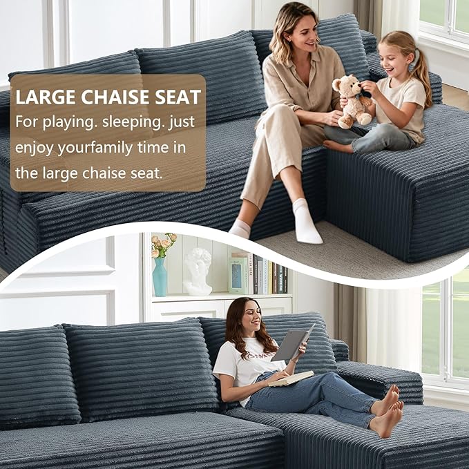 96.1" Modular Sectional Sofa Couches L-Shape Couch 3 Seat Modular Sofa Corduroy Memory Foam Sectional Boneless Couches for Living Room, Cloud Couch with Oversized Chaise(Dark Gray, Right Facing)