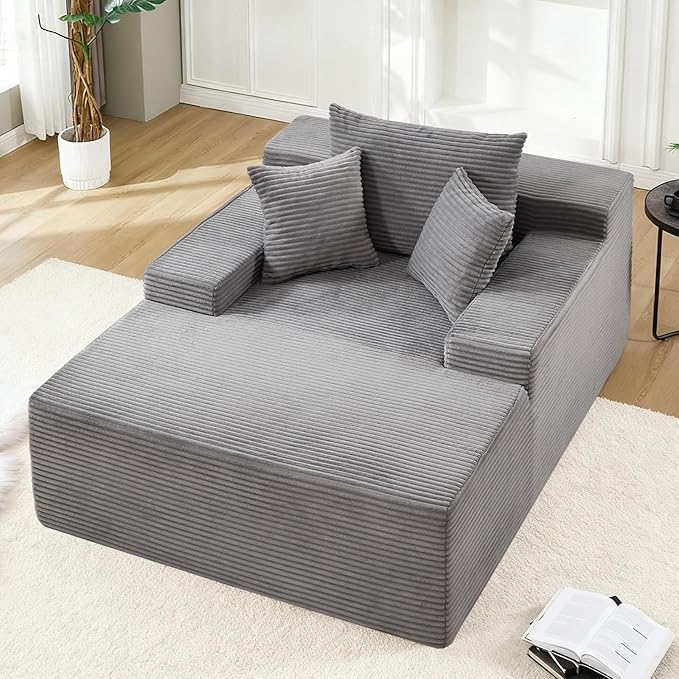 67.3'' Oversized Chaise Lounge Chair Indoor,Corduroy Boneless Couch with 3 Pillows Wide Armrest,Comfy Cloud Couch Sleeper Sofa Reading Chairs for Living Room Bedroom,No Assembly Required (Grey)