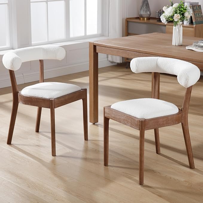 Kmax Dining Room Chairs Mid-Century Modern Sherpa Kitchen Chairs with Natural Walnut Finished Frame, Fur Curved Back, Set of 2, White