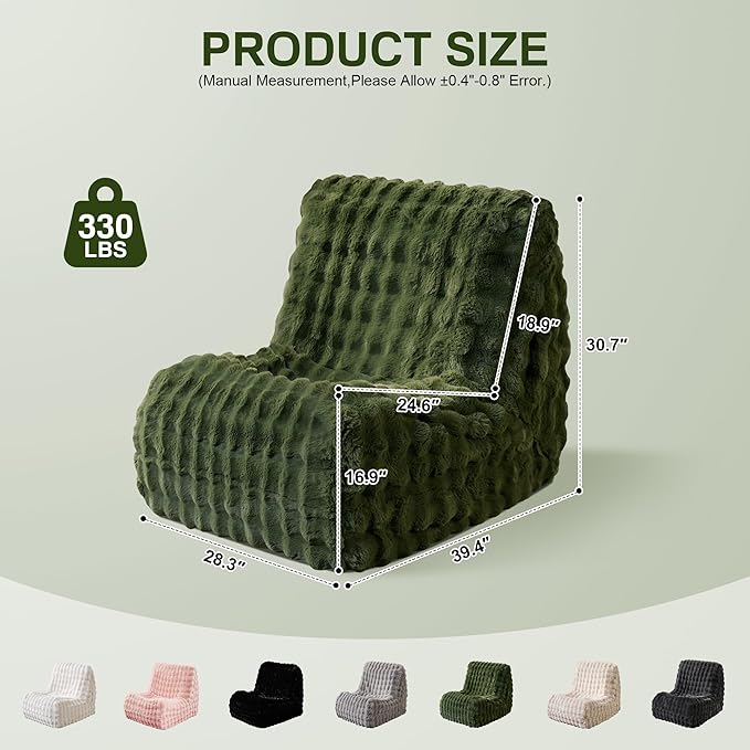 Bean Bag Chair for Adults, Giant Beanbag Lounger with Plush Faux Fur, Comfy Memory Foam Chair Floor Lazy Chair for Living Room Bedroom Dorm Apartment Reading Nook，Green