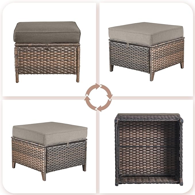 ACTREST Patio Ottoman Outdoor Wicker Side Table - 2PCS Multipurpose Heavy Duty All-Weather Brown Rattan Extra Seating Bench Footrest Footstool for Garden Back Porch Poolside Apartment - Grey