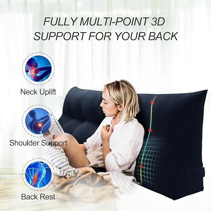 WOWMAX 80% Cotton & 20% Linen Blend Headboard Pillow – King Size Reading Wedge Backrest for Bed, Handmade Firm Support Bolster Cushion with Removable Cover, Premium Bed Rest Pillow, Blue