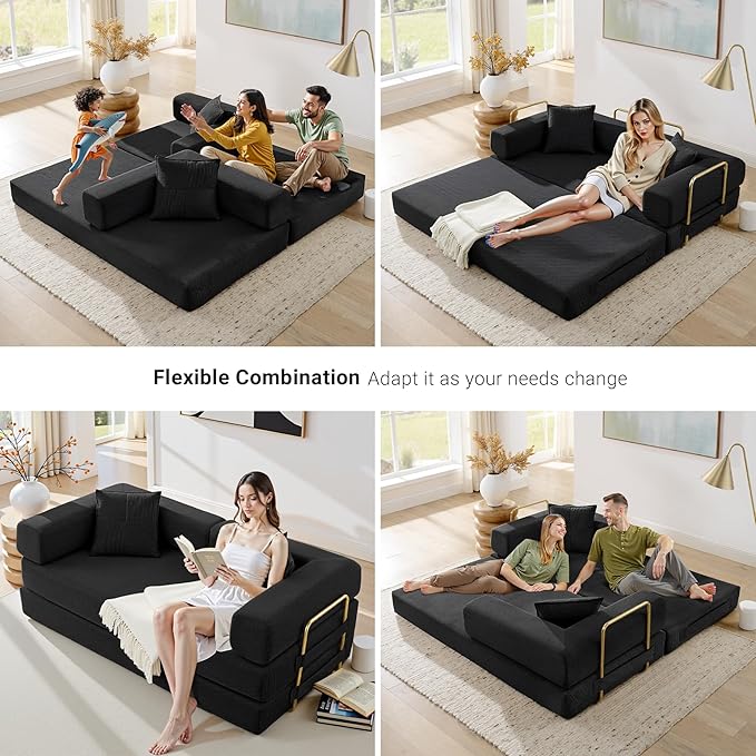 78" Convertible Sleeper Sofa Bed, Corduroy Folding Sofa Bed with Fixed-Shape Frame, Fold Out Floor Mattress Couch, Lazy Compression Sofas for Living Room, Bedroom, No Assembly Required, Black
