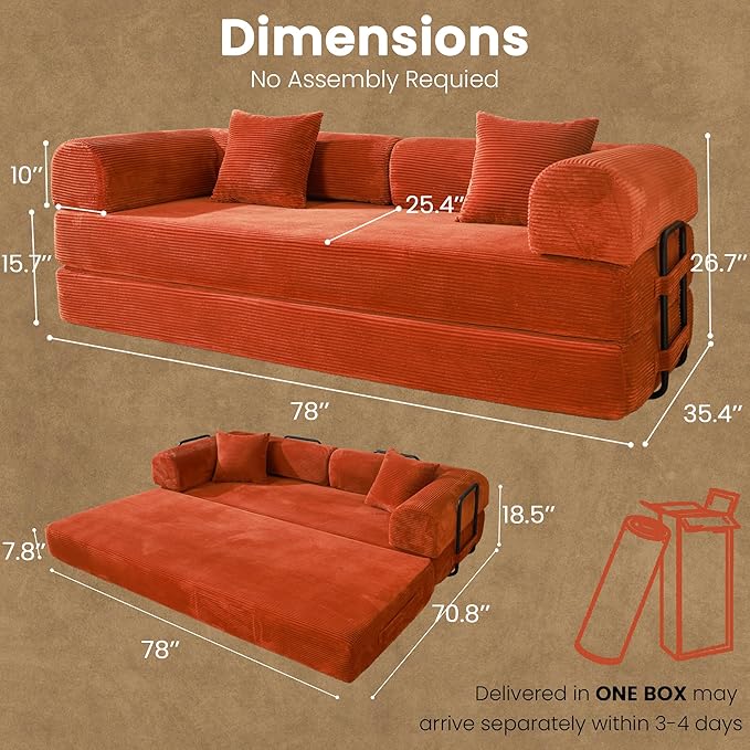 79" Convertible Sofa Bed, Boneless Corduroy Sleeper Foldable Modular Couch, Memory Foam Compressed Sofa in A Box, Folding Mattress Floor Couch for Small Space Living Room Apartment Bedroom, Orange