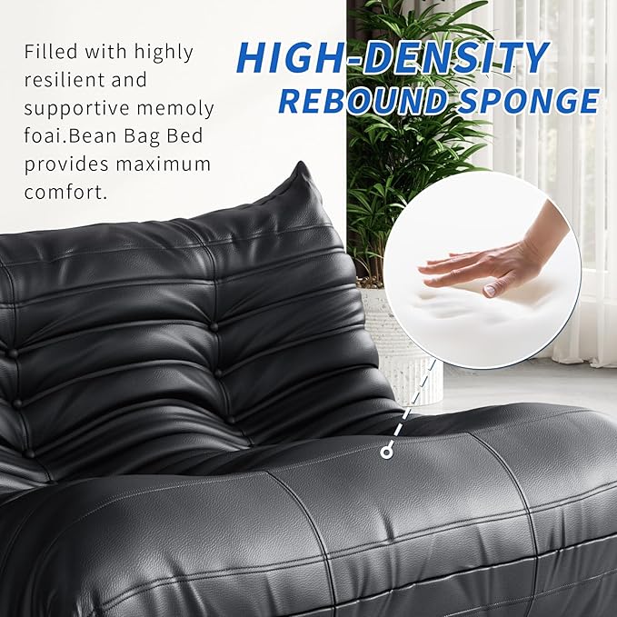 Fireside Corner Bean Bag Chairs for Adults,Comfy Lazy Floor Sofa Couch, Soft Lounge Foam-Filled Couches 3-Seater Chair for Living Room Bedroom Office,Black