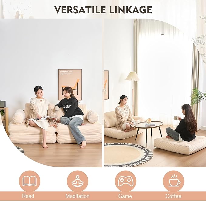 Plus Futon Sofa Bed for Small Spaces, Floor Couch with Armrest, Folding Sofa Couch, Convertible Sleeper Chair Bed with Pillow, Portable Comfy Floor Lounge for Living Room and Bedroom,White