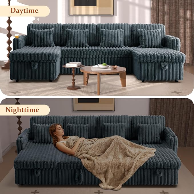 107" Sectional Sleeper Sofa with Pull Out Bed, Comfy Fluffy Plush Corduroy Cloud Sectional Couches for Living Room, U Shaped Modular Couch with Storage Chaise Cup Holder & USB Charger Dark Grey