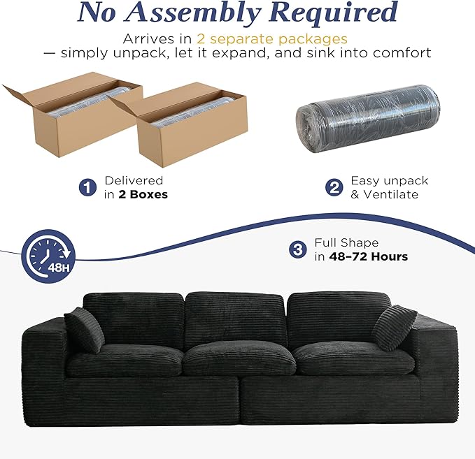 Esright 110" Oversized Sofa for Living Room, Cloud Boneless Couch with Fluffy Seat Cushions, 3 Seater Upholstered Floor Sofa, No Assembly Required, Black