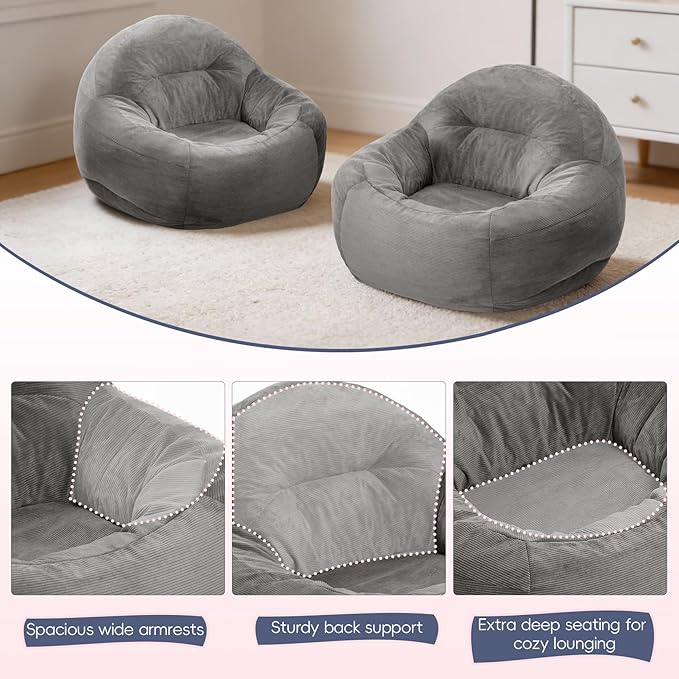 3 Feet Bean Bag Chair, BeanBag Chair for Teens & Youth, Bean Bag Couch with High-Density Foam Filler, Faux Fur Fabric, Living Room, Bedroom, Game Room, Dorm, Office ( Light Gray, 33.5"Dx33"Wx24"H )