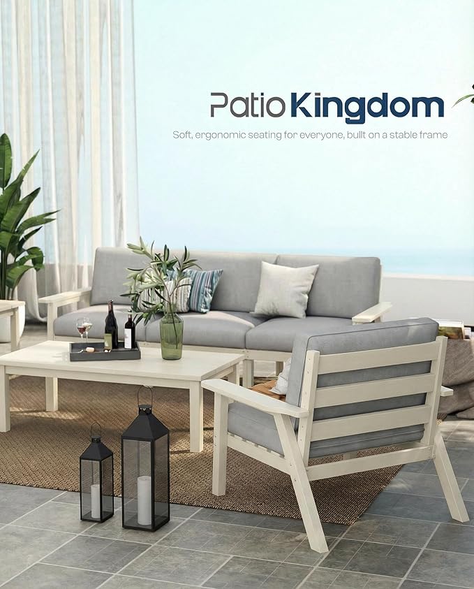 Patio Kingdom 7 Piece Patio Conversation Sets, Outdoor Couch with Washable Thick Gray Cushions, HDPE Patio Furniture Set, Outdoor Sectional Furniture for Backyard, Deck, Lawn, Porch (White Frame)