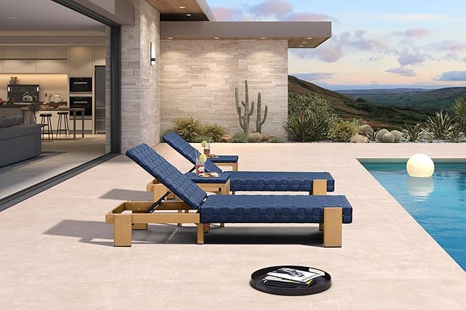 PURPLE LEAF Patio Chaise Lounge Modern Outdoor PU Leather Style Lounge Chair 4 Pieces with Adjustable Backrest Luxury Aluminum Chaise Lounge Chairs for Pool Garden Backyard Beach, Blue