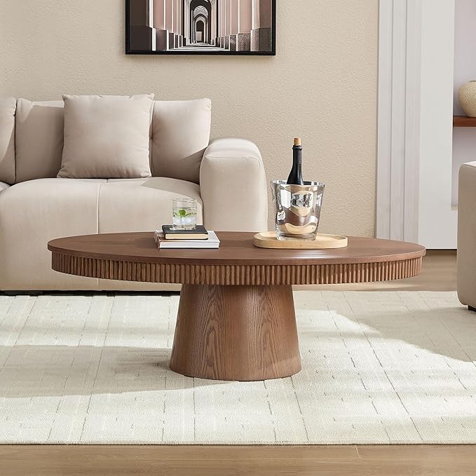 Coffee Table Modern Oval Wood Coffee Tables Mid Century Center Fluted Farmhouse Drum Tea Boho Wooden for Living Room Apartment Home Office Walnut 47.24" W x 26.77" D x 15.86" H