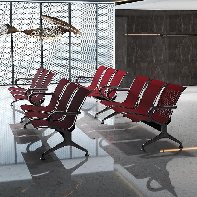 Kinfant 3-Seat Waiting Room Chair - Office Guest Reception Chairs with Ergonomic Backrests, Airport Waiting Bench with Armrests, Metal Waiting Furniture for Hospital, Bank (Dark Red, Set of 4)