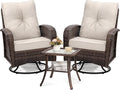wildformers Luxury Outdoor Swivel Wicker Glider Patio Chairs with Table Set, Overstuffed Washable Cushions, Ideal for Porch, Balcony, Deck, Brown Rattan and Beige Cushion
