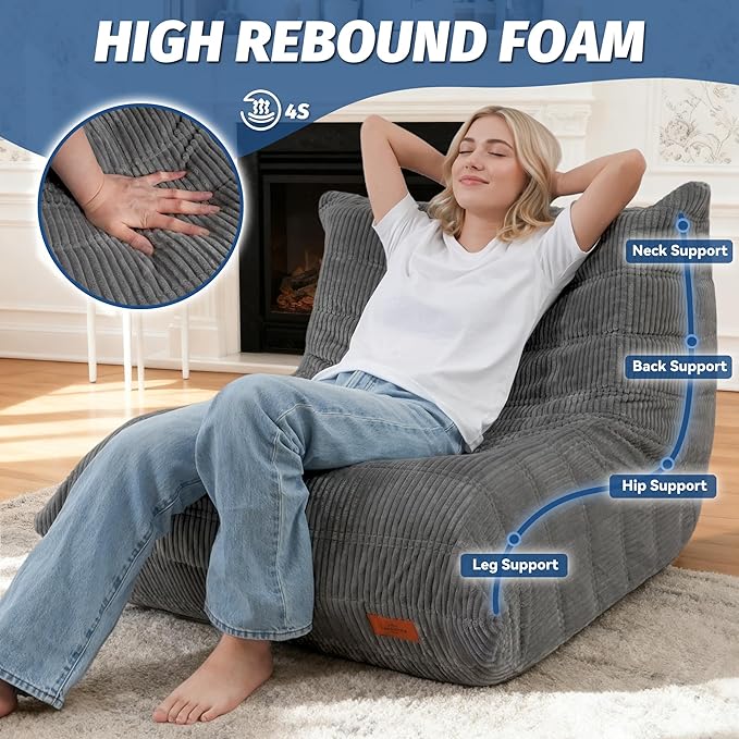 Bean Bag Chair,Giant Beanbag Chairs for Adults,Comfy Large Fireside Chair Lazy Sofa,Corduroy Bean Bag Lounger with Memory Foam Filled,Floor Sofa Couch for Home,Dorm,Living Room (Dark Grey)