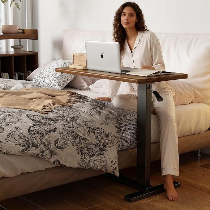 Overbed Bedside Table with Wheels Adjustable Hospital & Home Use Bed Table Rolling Movable Laptop Mobile Standing Desk Pneumatic Computer Cart Waterproof L-Shaped Steel Base Tray Tables,Brown