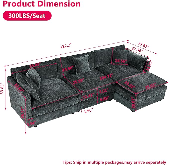 Aoowow Modular Sectional Sofa Modern Convertible L Shaped Couch,112.2 Inch Deep 3-Seater Sofas Set Comfy Chenille Cloud Sofas and Couches with Movable Ottoman for Living Room Apartment（Grey）