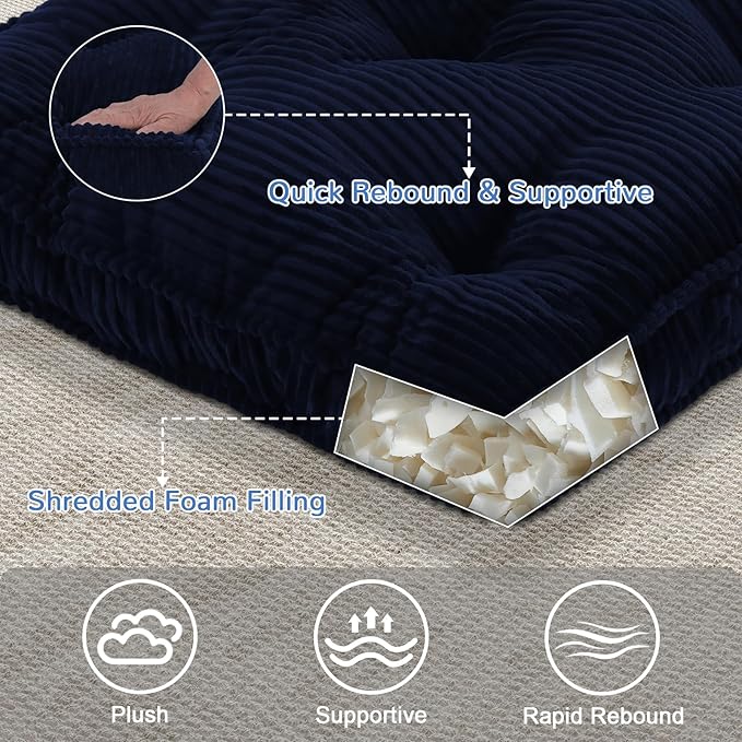 PRIMEPATIO Square Floor Pillow for Adults, Tufted Floor Cushion for Sitting, Large Meditation Cushion, Thick Corduroy Seat with Handle, Tatami Seating for Yoga, 24x24 Inch Navy Blue, 1Pack