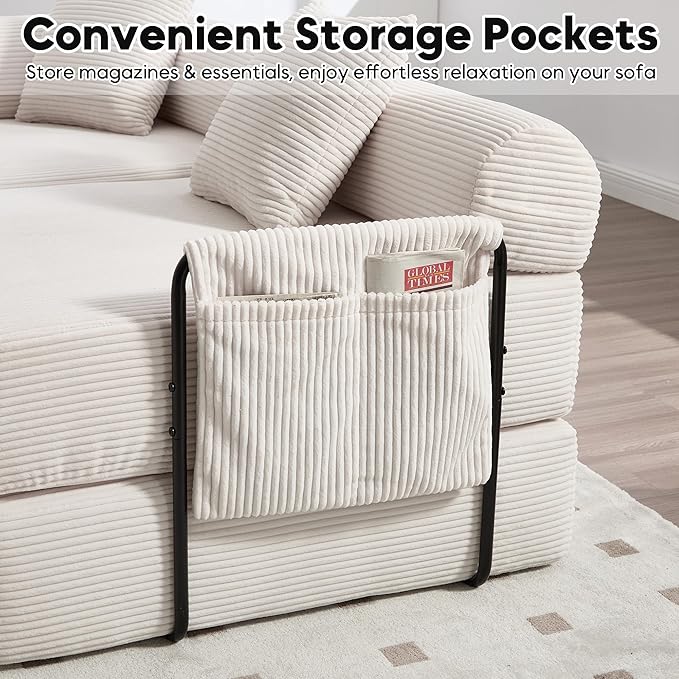 L Shape Convertible Sofa Bed with Cylindrical Pillow and Storage Pocket, Convertible Sofa Couch Bed with Support Frame for Living Room Bedroom Children Room-Beige