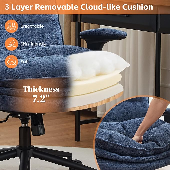 Criss Cross Chair with Flip-up Arms, Wide Criss Legged Chair with 3 Layer Cushion, Ergonomic Office Desk Chair with Wheels, Swivel Vanity Chair for Office, Living Room, Bedroom, Chenille Blue
