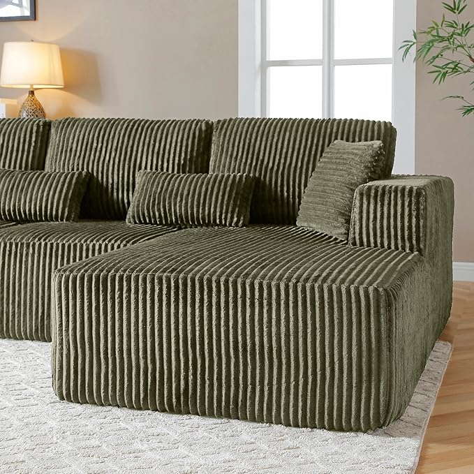 108" Boneless Cloud Sectional Couches for Living Room, Comfy Fluffy L Shaped Memory Foam Deep Seat Boneless Couch, Modular Sectional Sofa with Right Facing Chaise, Olive Green