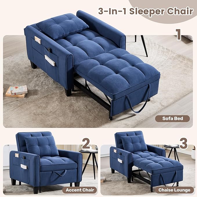 choairy Convertible Sleeper Chair, 3 in 1 Sleeper Chair Bed Pull Out Sofa Bed Chair, Single Sofa Bed Adjustable Backrest Chairs Bed Sleeper for Adults Reading Living Room, Bedroom, Velvet Blue