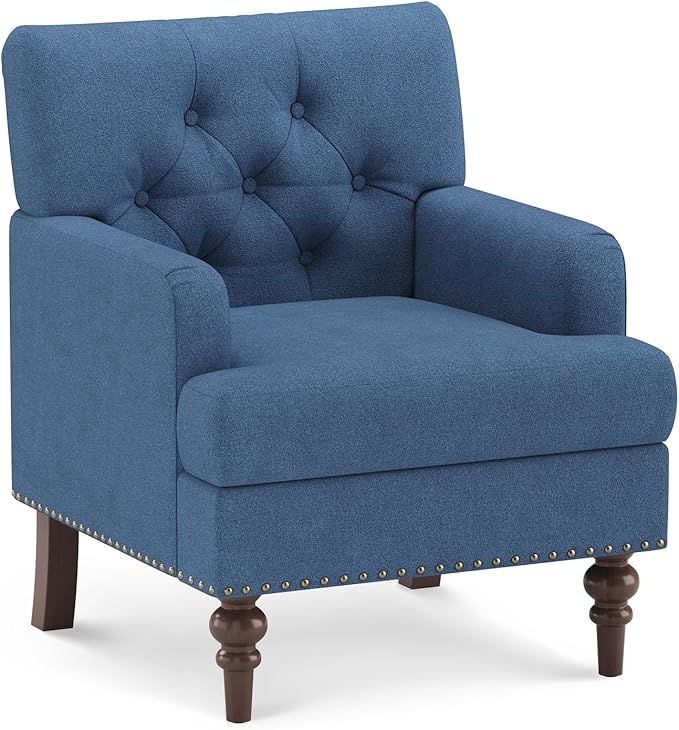 Upholstered Accent Chair with Thick Cushion, High Back Reading Chair, Linen Blend Armchair with Solid Rubberwood Legs for Living Room, Bedroom, Reading Nook, Apartment & Small Spaces,Blue