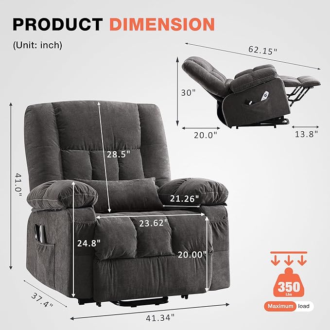 Power Lift Recliner Chair for Elderly with Vibration Massage and Lumbar Heating, Electric Lift Recliner Single Sofa with Side Pocket and USB Charge Port for Living Room