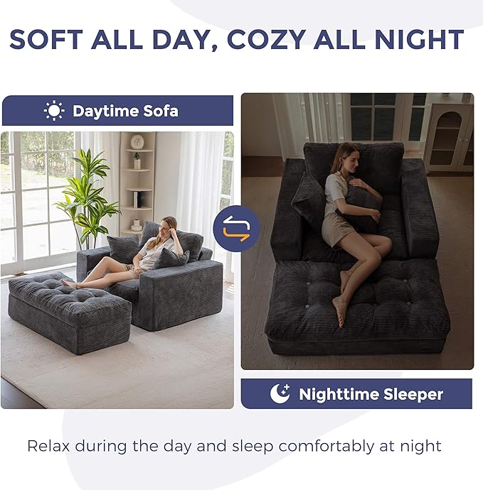 MAXYOYO Oversized Chaise Lounge Sofa, Upholstered Lounge Chair with 3 Pillows, Tufted Boneless Sofa Couch with Ottoman, Deep Seat Sleeper Chair for Living Room, Bedroom, No Assembly, Dark Grey