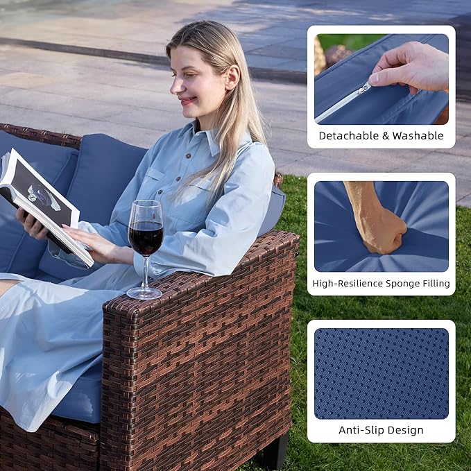 UDPATIO Patio Furniture Set, 5 Pieces Outdoor Wicker Furniture Set with Swivel Rocking Chairs Storage Table and Waterproof Covers for Backyard, Deck, Porch, Navy