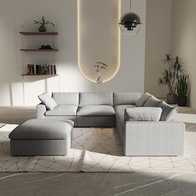 V-Shaped Cloud Sectional Couch, Modular Sectional Sofa, Modern Comfy Cloud Sofa with Storage Ottoman, Covers Removable, Convertible Sleeper Couch for Living Room Apartment (Light Grey, Linen Fabric)